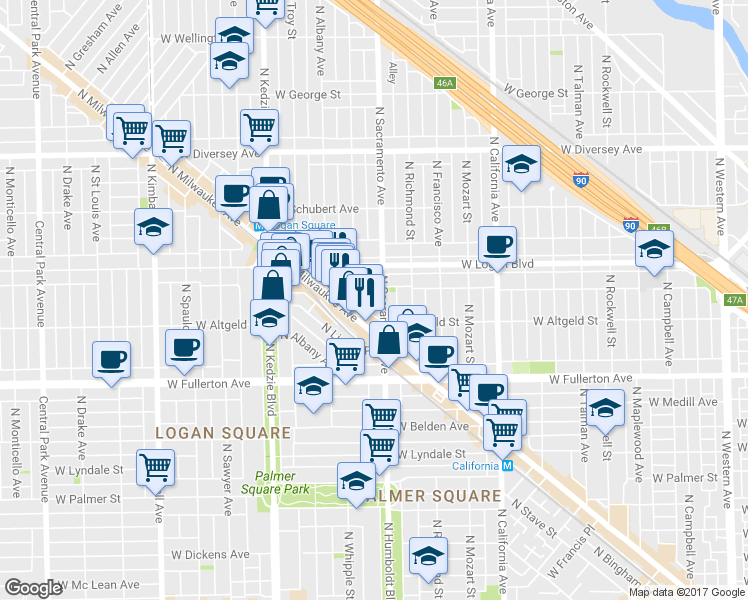 map of restaurants, bars, coffee shops, grocery stores, and more near 2504 North Willetts Court in Chicago