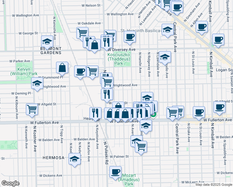 map of restaurants, bars, coffee shops, grocery stores, and more near 3941 West Wrightwood Avenue in Chicago