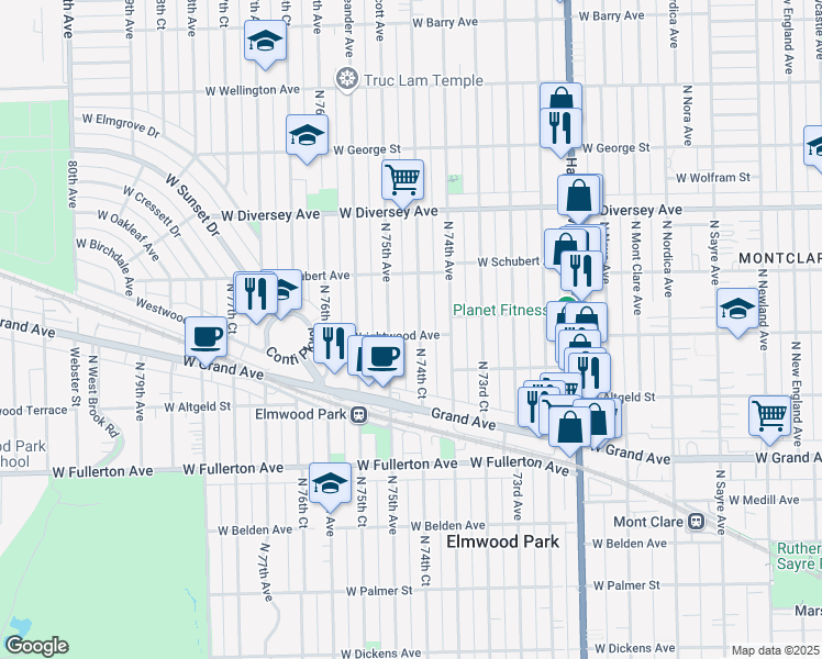 map of restaurants, bars, coffee shops, grocery stores, and more near 2622 North 74th Court in Elmwood Park