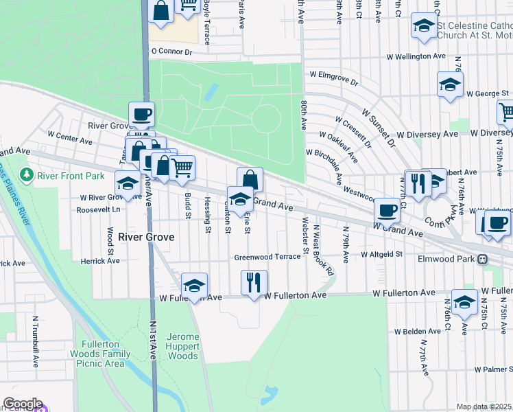 map of restaurants, bars, coffee shops, grocery stores, and more near 2603 North Erie Street in River Grove