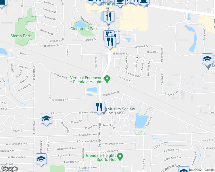 map of restaurants, bars, coffee shops, grocery stores, and more near 210 Windy Point Drive in Glendale Heights