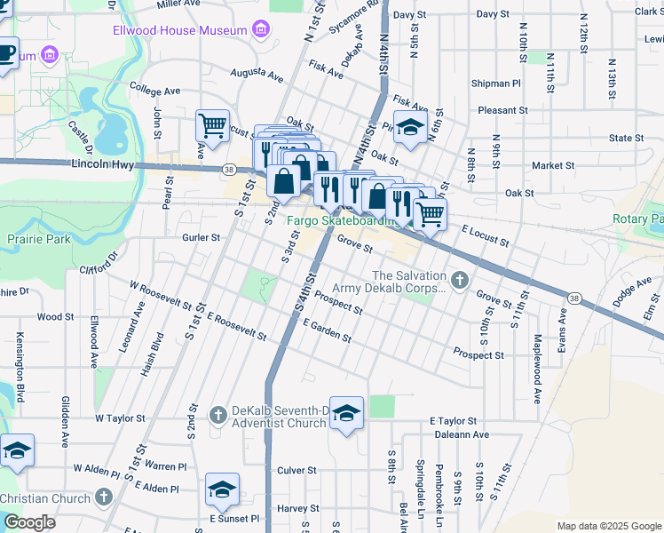 map of restaurants, bars, coffee shops, grocery stores, and more near 200 South 4th Street in DeKalb