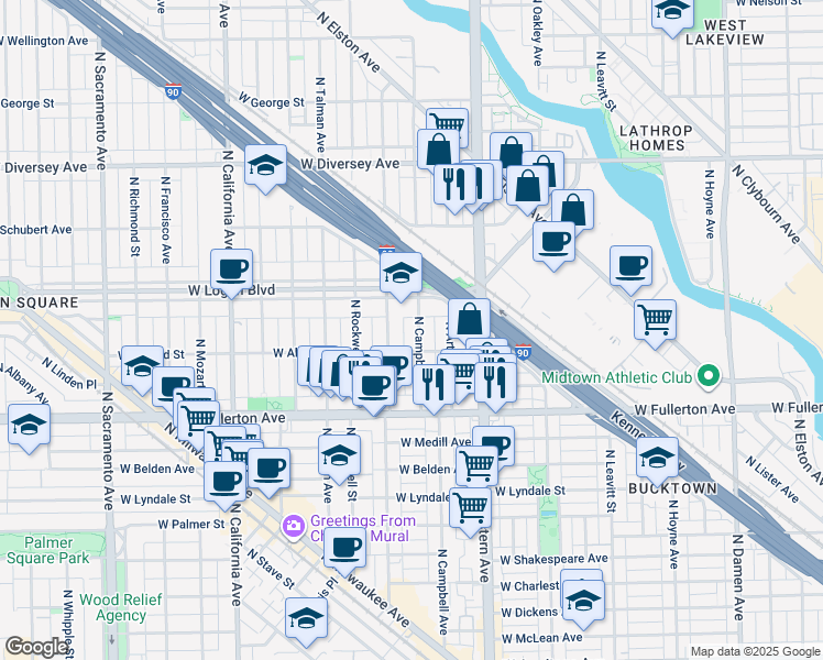 map of restaurants, bars, coffee shops, grocery stores, and more near 2518 North Campbell Avenue in Chicago
