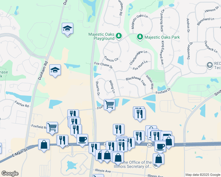 map of restaurants, bars, coffee shops, grocery stores, and more near 887 Riding Lane in St. Charles