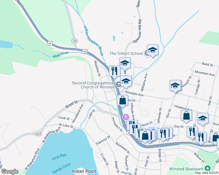 map of restaurants, bars, coffee shops, grocery stores, and more near 41 Front Street in Winsted
