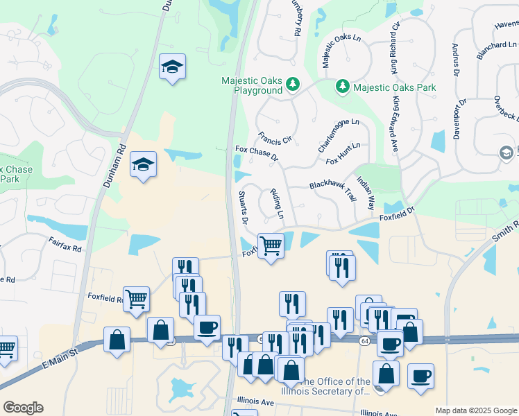map of restaurants, bars, coffee shops, grocery stores, and more near 823 Crossing Way in Saint Charles
