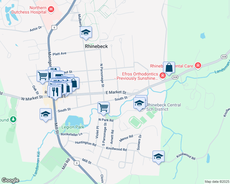 map of restaurants, bars, coffee shops, grocery stores, and more near 127 East Market Street in Rhinebeck Village Business District