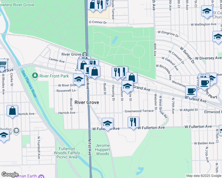 map of restaurants, bars, coffee shops, grocery stores, and more near 8243 West Grand Avenue in River Grove