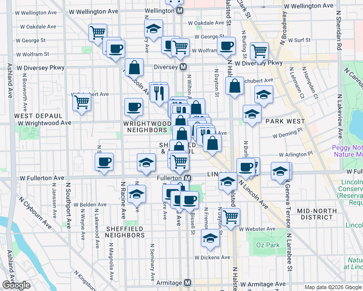 map of restaurants, bars, coffee shops, grocery stores, and more near 2518 North Sheffield Avenue in Chicago