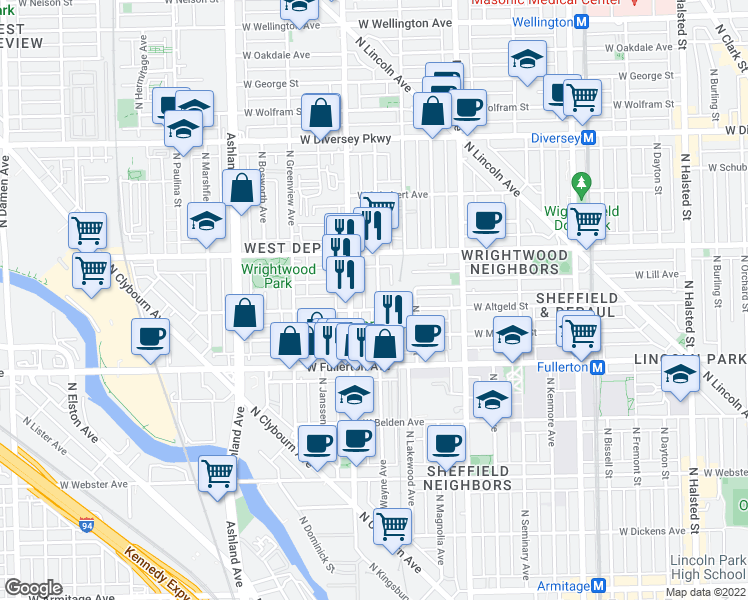 map of restaurants, bars, coffee shops, grocery stores, and more near 2531 North Southport Avenue in Chicago