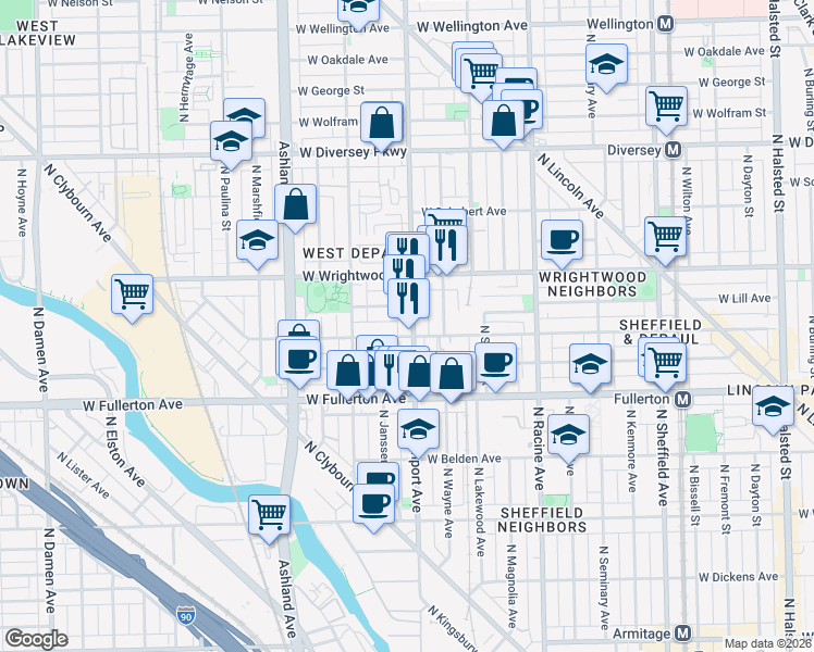 map of restaurants, bars, coffee shops, grocery stores, and more near 2508 North Southport Avenue in Chicago