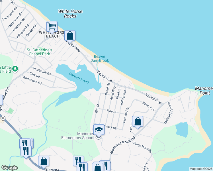 map of restaurants, bars, coffee shops, grocery stores, and more near 124 Taylor Avenue in Plymouth