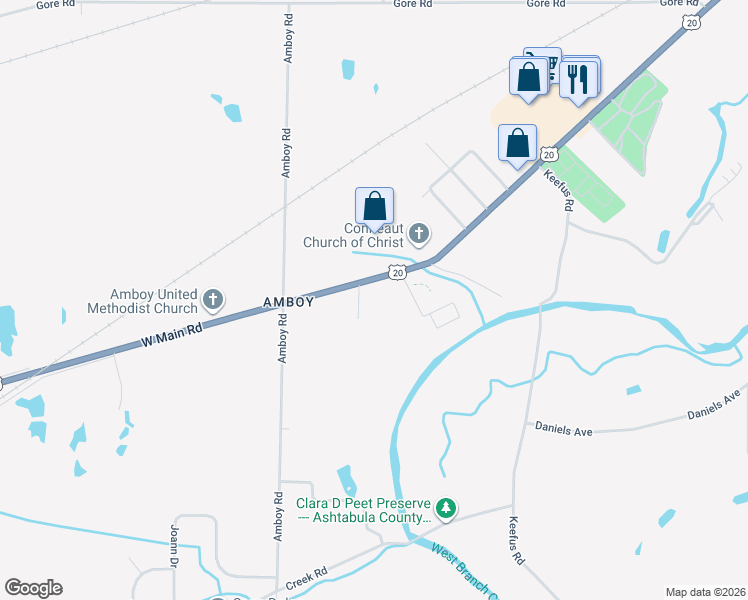 map of restaurants, bars, coffee shops, grocery stores, and more near 477 West Main Road in Conneaut