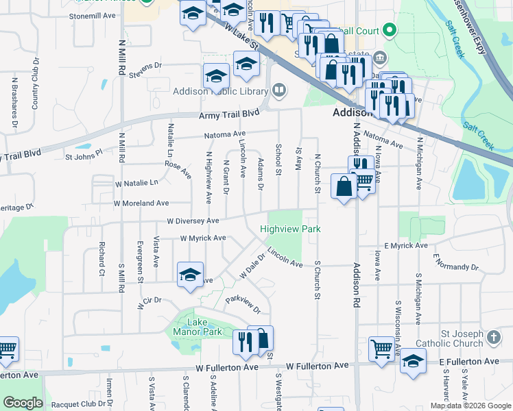 map of restaurants, bars, coffee shops, grocery stores, and more near 21 Adams Drive in Addison