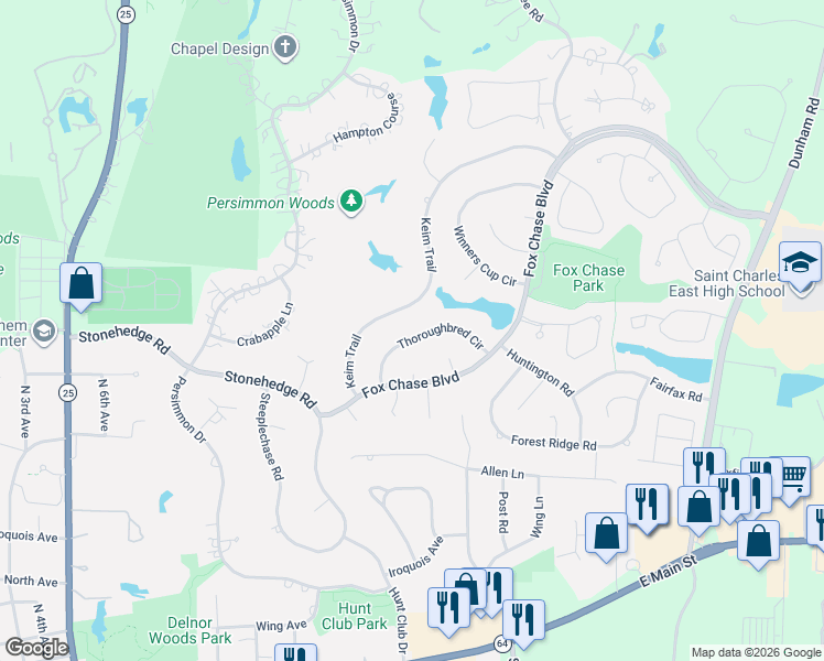 map of restaurants, bars, coffee shops, grocery stores, and more near 1122 Keim Trail in St. Charles
