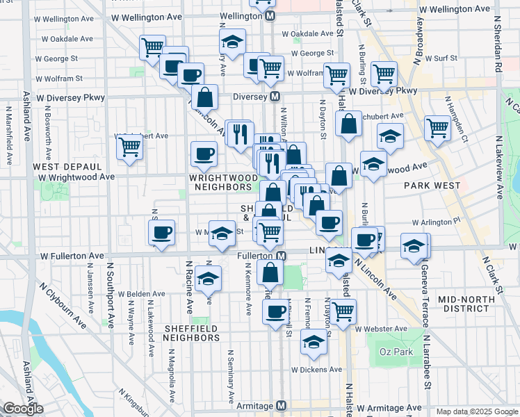 map of restaurants, bars, coffee shops, grocery stores, and more near 2518 North Sheffield Avenue in Chicago