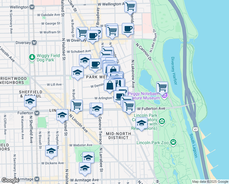 map of restaurants, bars, coffee shops, grocery stores, and more near 2504 North Clark Street in Chicago