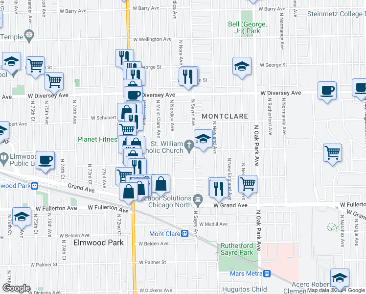 map of restaurants, bars, coffee shops, grocery stores, and more near 7022 West Wrightwood Avenue in Chicago