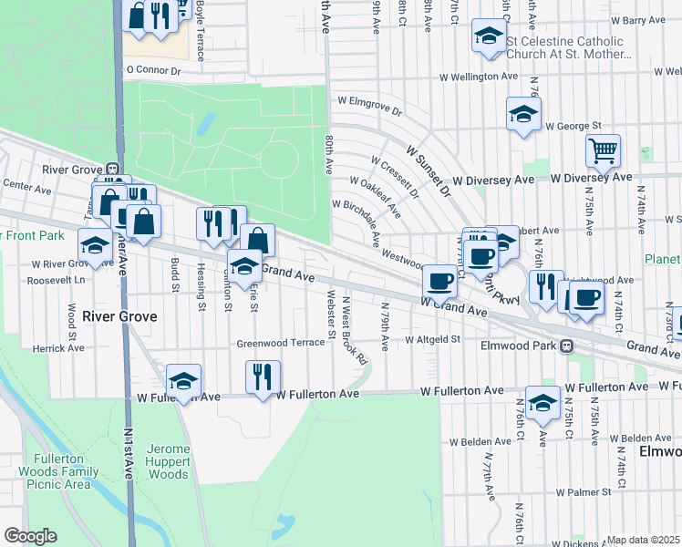 map of restaurants, bars, coffee shops, grocery stores, and more near 7940 West Grand Avenue in Elmwood Park
