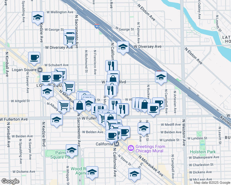 map of restaurants, bars, coffee shops, grocery stores, and more near 2523 North California Avenue in Chicago