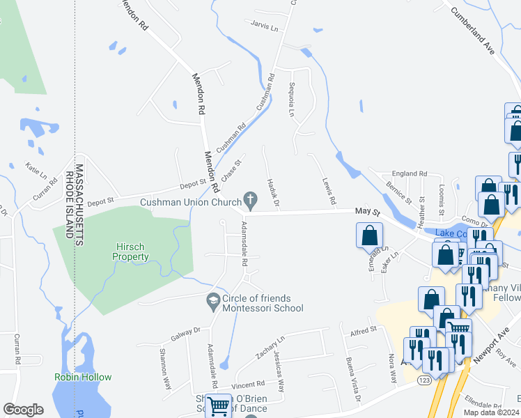 map of restaurants, bars, coffee shops, grocery stores, and more near 22 May Street in North Attleborough
