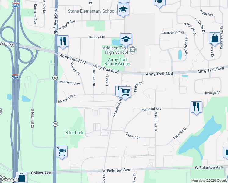 map of restaurants, bars, coffee shops, grocery stores, and more near 20W240 Diversey Avenue in Addison