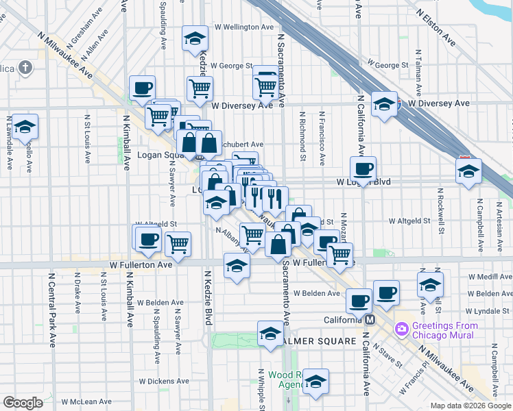 map of restaurants, bars, coffee shops, grocery stores, and more near 3025 West Logan Boulevard in Chicago