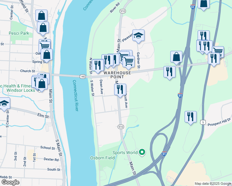 map of restaurants, bars, coffee shops, grocery stores, and more near 124 Main Street in East Windsor