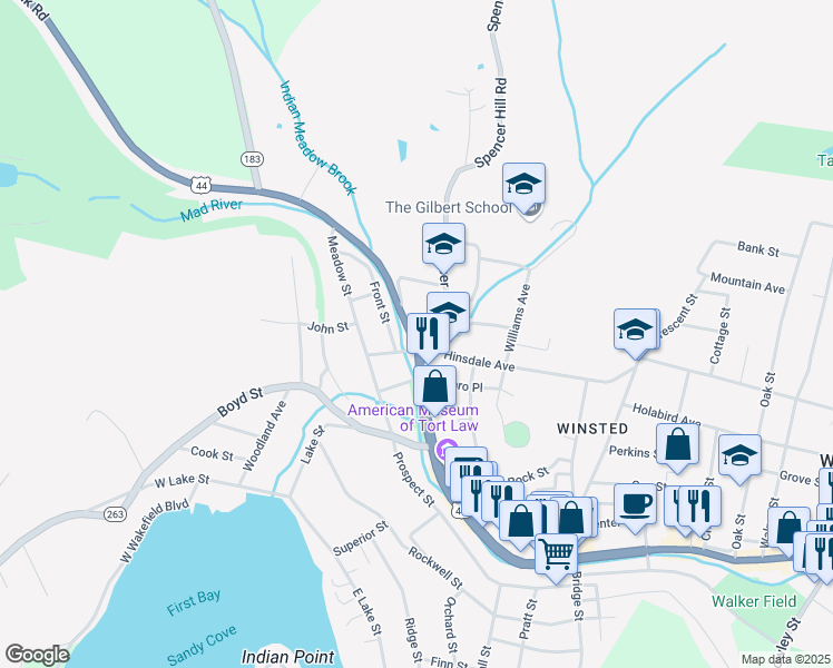 map of restaurants, bars, coffee shops, grocery stores, and more near 840 Main Street in Winsted