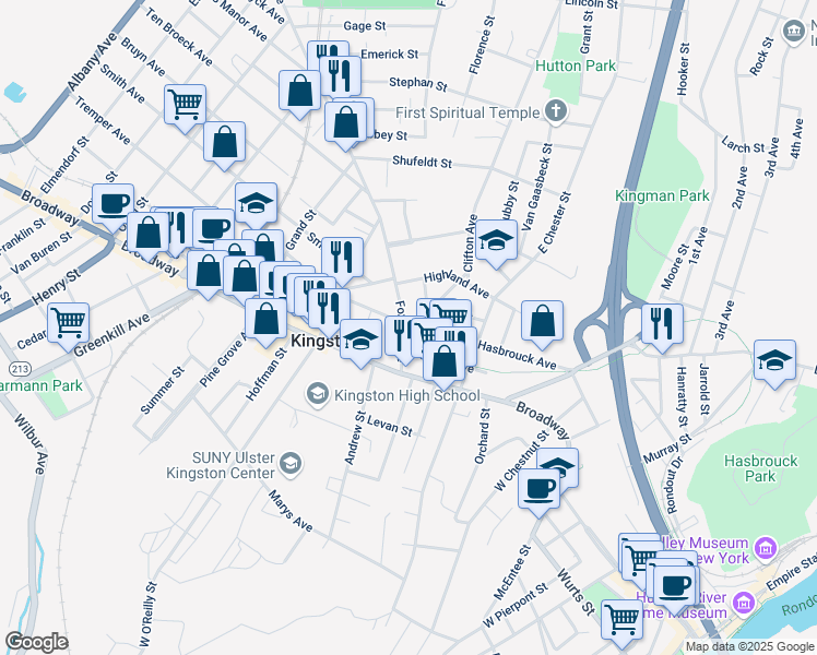 map of restaurants, bars, coffee shops, grocery stores, and more near 49 Park Street in Kingston