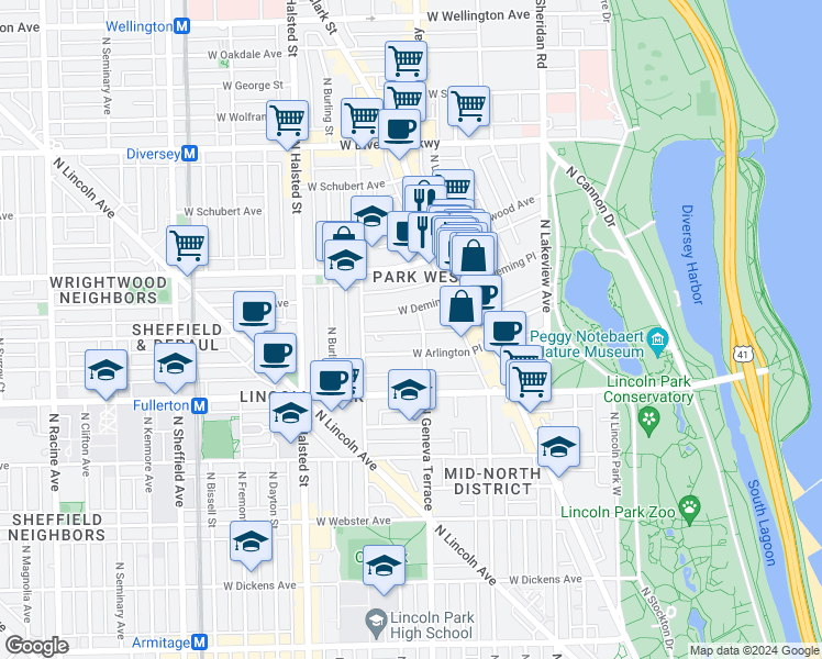 map of restaurants, bars, coffee shops, grocery stores, and more near 618 West Deming Place in Chicago