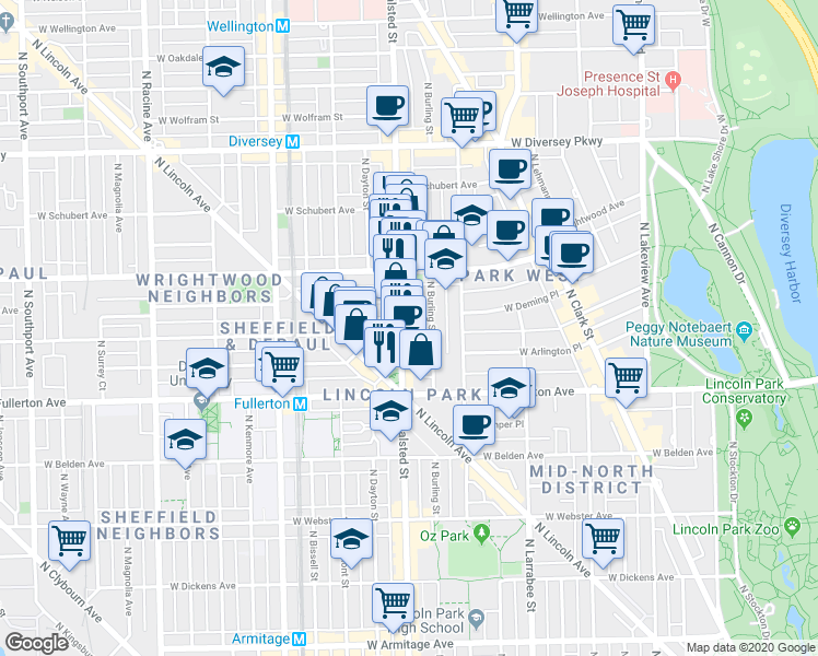 map of restaurants, bars, coffee shops, grocery stores, and more near in Chicago