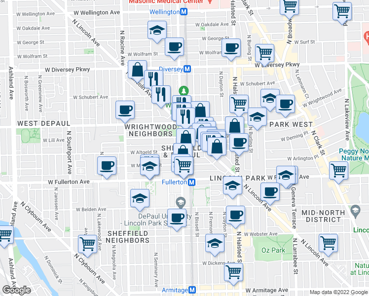 map of restaurants, bars, coffee shops, grocery stores, and more near 2518 North Sheffield Avenue in Chicago