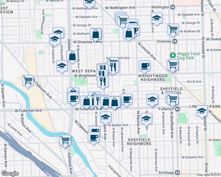 map of restaurants, bars, coffee shops, grocery stores, and more near 2531 North Southport Avenue in Chicago