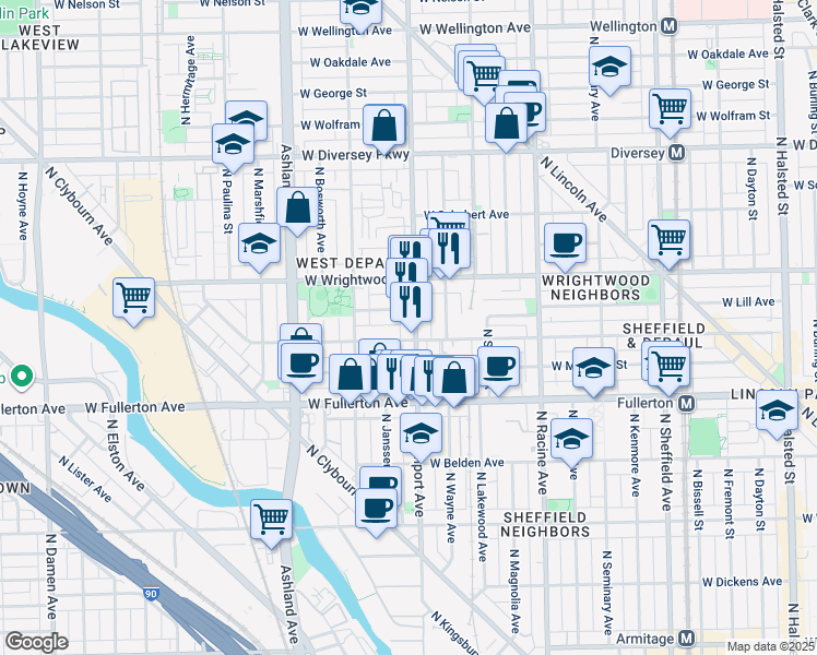 map of restaurants, bars, coffee shops, grocery stores, and more near 2531 North Southport Avenue in Chicago