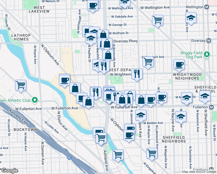 map of restaurants, bars, coffee shops, grocery stores, and more near 2533 North Ashland Avenue in Chicago