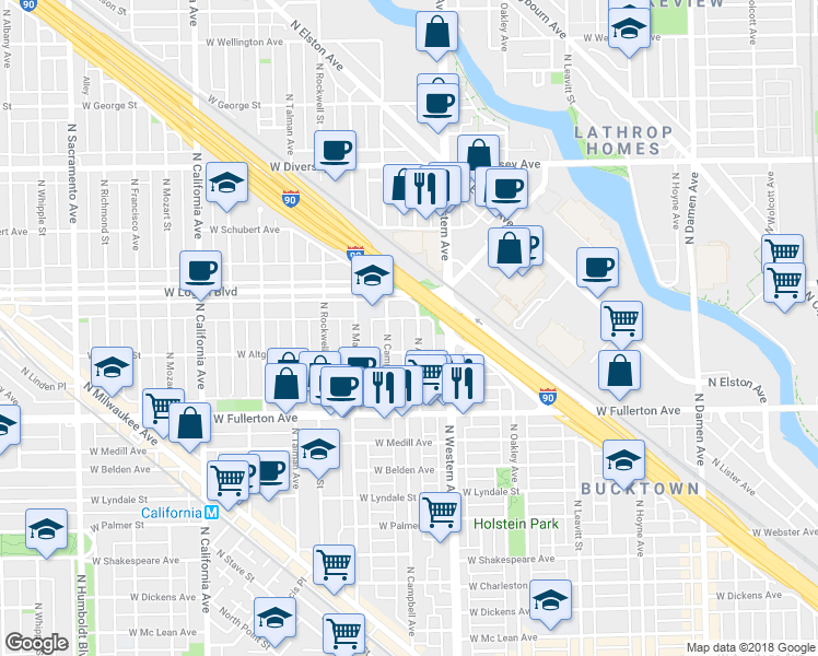 map of restaurants, bars, coffee shops, grocery stores, and more near 2459 West Logan Boulevard in Chicago