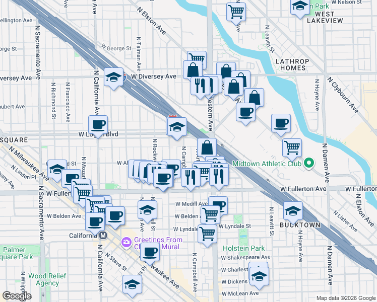 map of restaurants, bars, coffee shops, grocery stores, and more near 2459 West Logan Boulevard in Chicago
