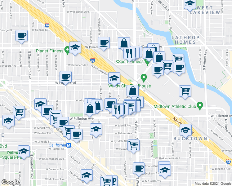 map of restaurants, bars, coffee shops, grocery stores, and more near 2518 North Campbell Avenue in Chicago