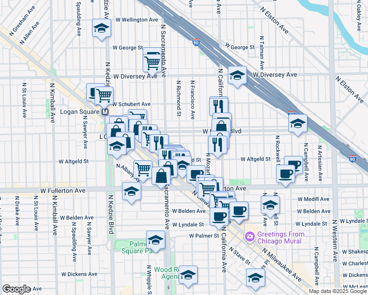 map of restaurants, bars, coffee shops, grocery stores, and more near 2911 West Logan Boulevard in Chicago