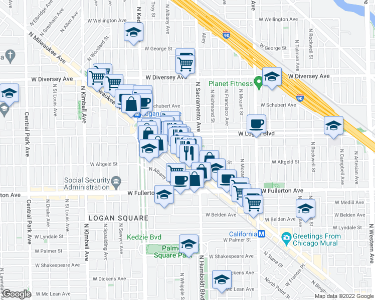 map of restaurants, bars, coffee shops, grocery stores, and more near 3025 West Logan Boulevard in Chicago