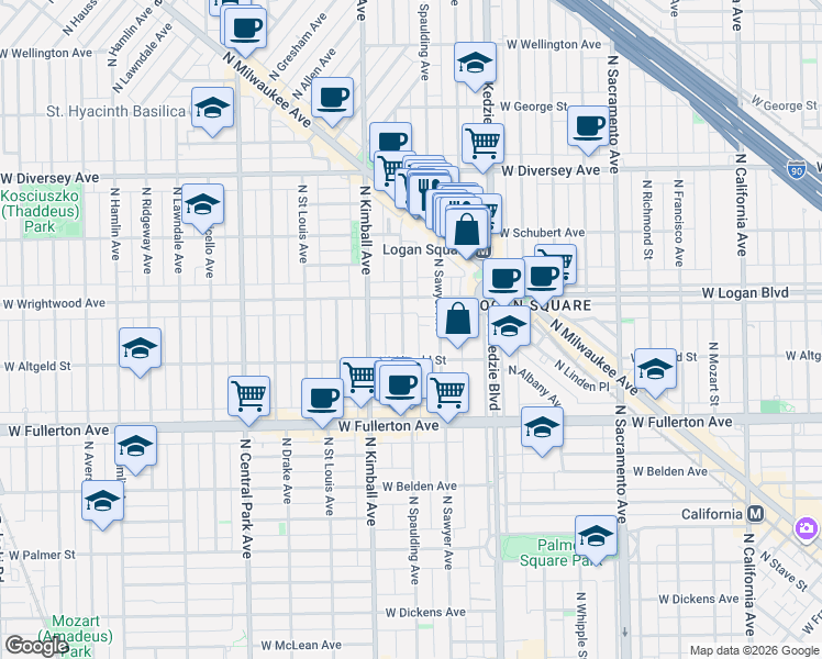 map of restaurants, bars, coffee shops, grocery stores, and more near 3303 West Wrightwood Avenue in Chicago