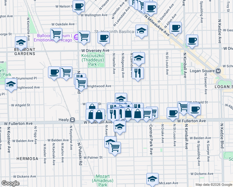 map of restaurants, bars, coffee shops, grocery stores, and more near 3749 West Wrightwood Avenue in Chicago