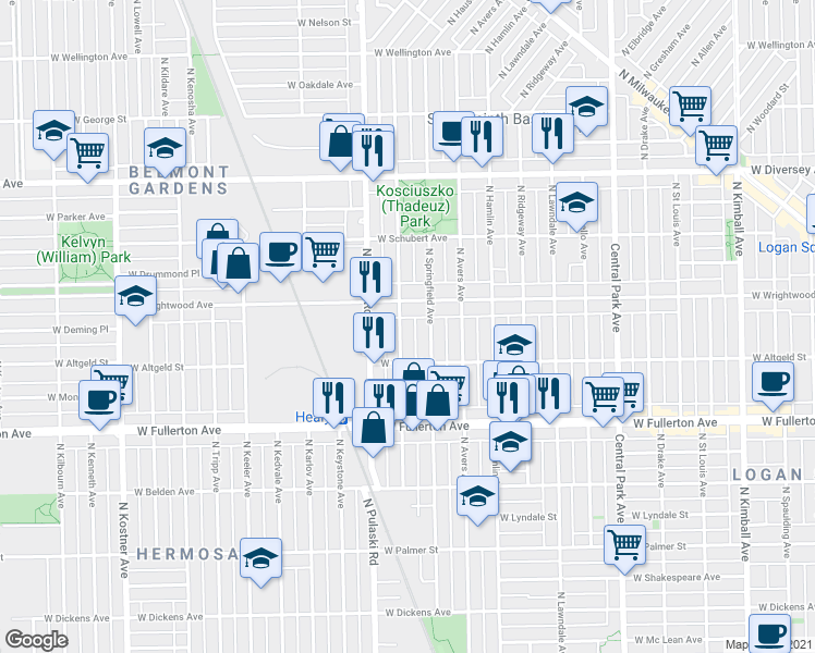 map of restaurants, bars, coffee shops, grocery stores, and more near 3941 West Wrightwood Avenue in Chicago