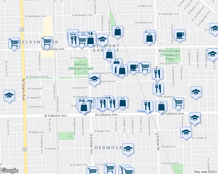 map of restaurants, bars, coffee shops, grocery stores, and more near 4240 West Wrightwood Avenue in Chicago