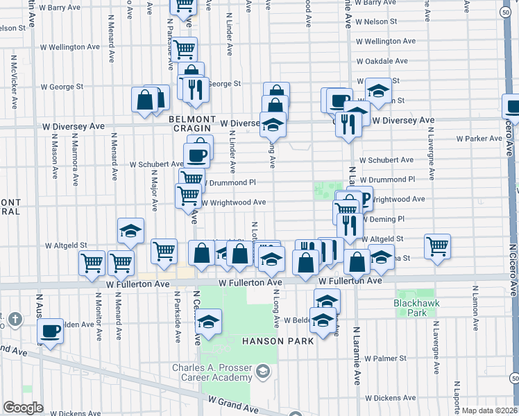 map of restaurants, bars, coffee shops, grocery stores, and more near 5416 West Wrightwood Avenue in Chicago