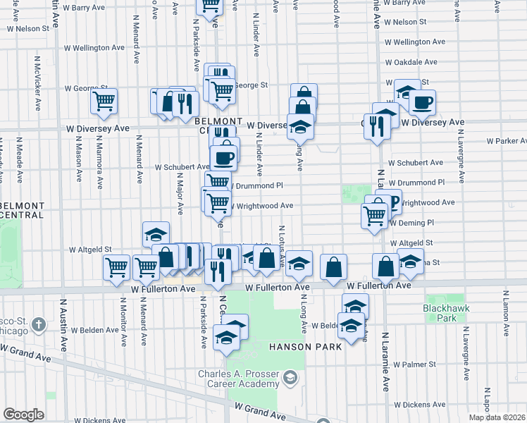map of restaurants, bars, coffee shops, grocery stores, and more near 5456 West Wrightwood Avenue in Chicago