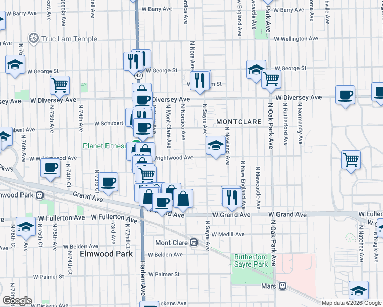map of restaurants, bars, coffee shops, grocery stores, and more near 2629 North Nordica Avenue in Chicago