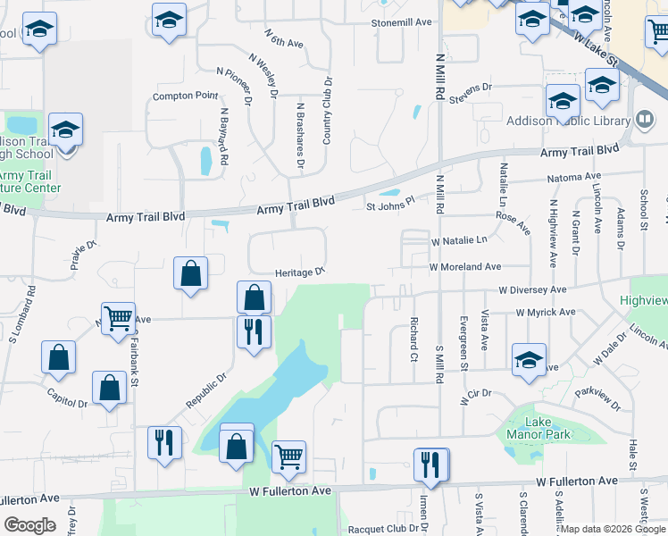 map of restaurants, bars, coffee shops, grocery stores, and more near 825 Heritage Drive in Addison
