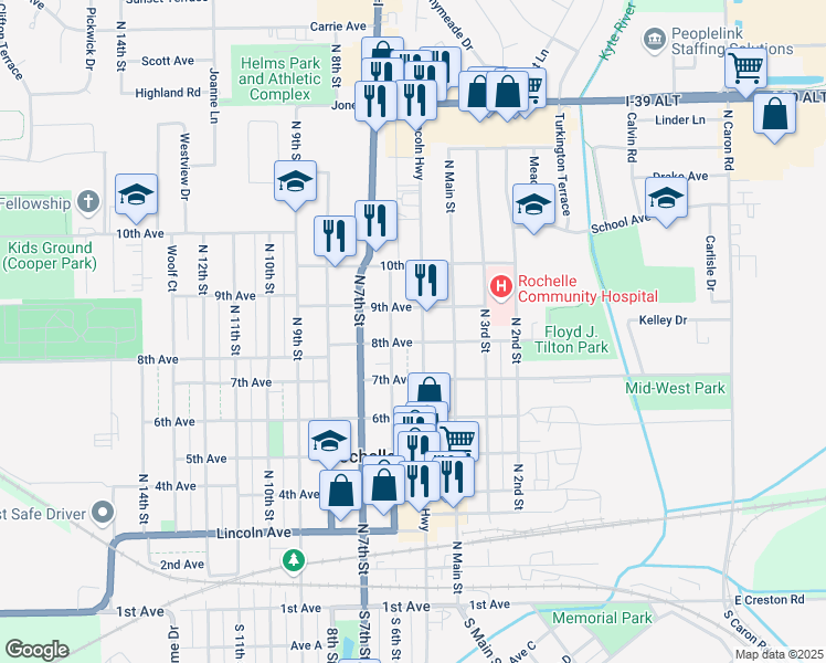map of restaurants, bars, coffee shops, grocery stores, and more near 828 Lincoln Highway in Rochelle